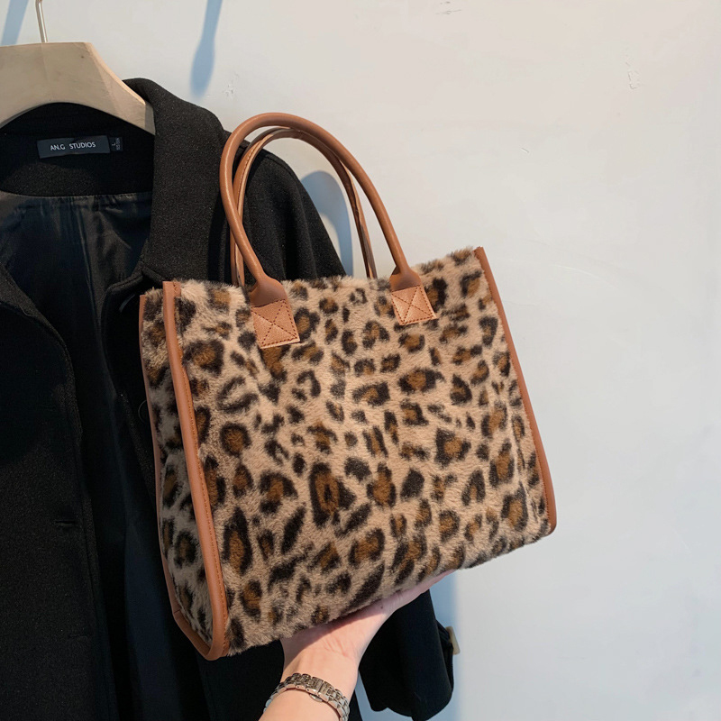Winter Faux Fur Leopard Print Shoulder Bag Soft Plush Tote with Large Capacity for Women