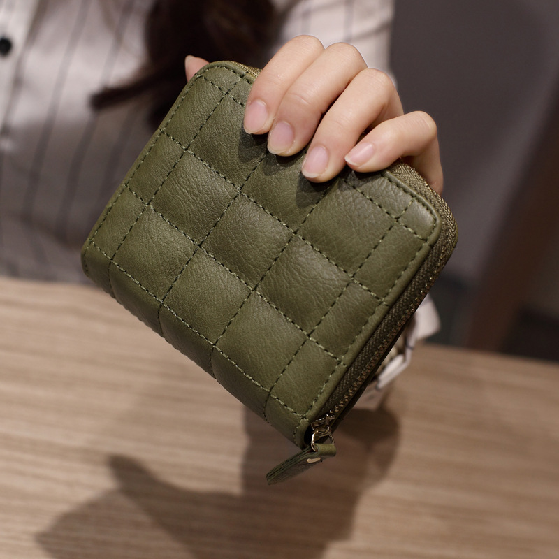 Womens Short PU Leather Wallet Plaid Nubuck Zipper Card Holder with Coin Purse for Ladies