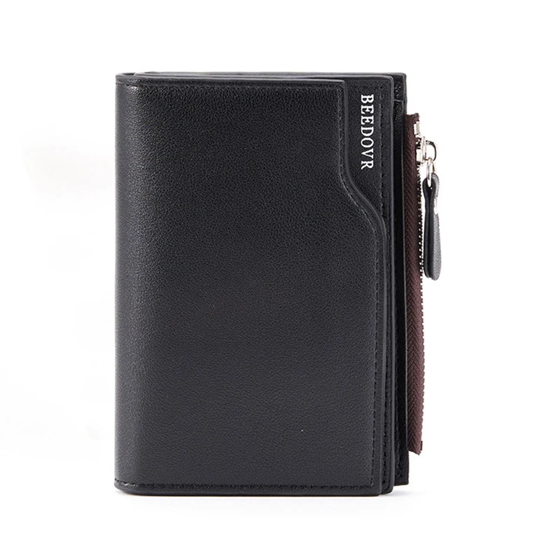 Mens PU Leather Wallet with Zipper Black & Coffee Stylish Credit Card Holder & Money Bag for Men