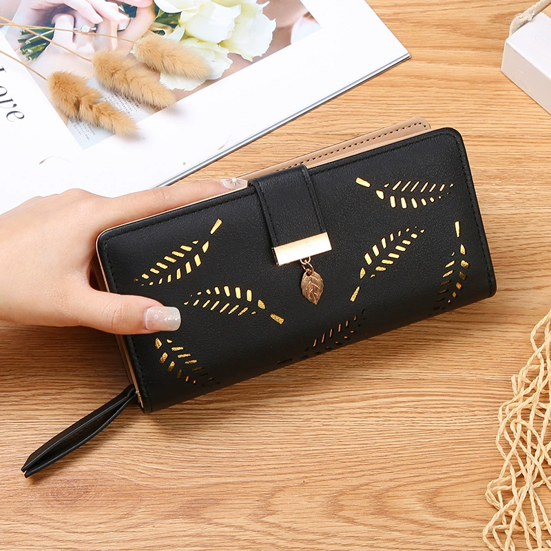 Elegant Women’s Long Wallet with Leaf Cutout Design, Large Capacity PU Leather Clutch, Multi Card Holder Purse Money Clip
