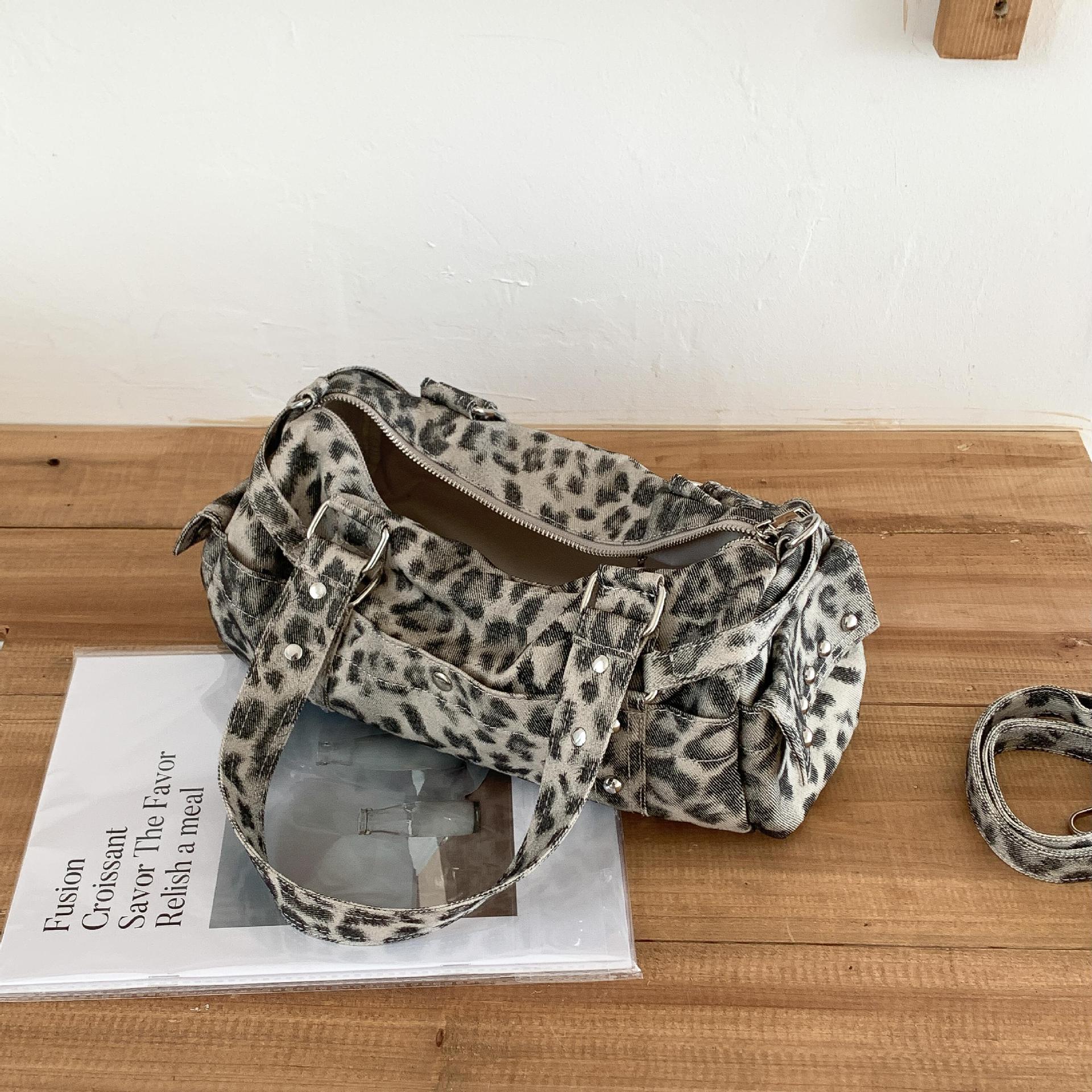 Vintage Leopard Rivet Motorcycle Shoulder Bag Stylish Ladies Tote