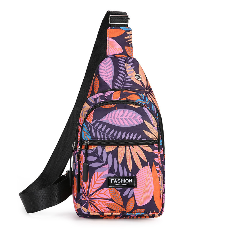 Colorful Leaf Printed Sling Crossbody Bag Stylish Nylon Chest Bag for Women with Adjustable Shoulder Strap