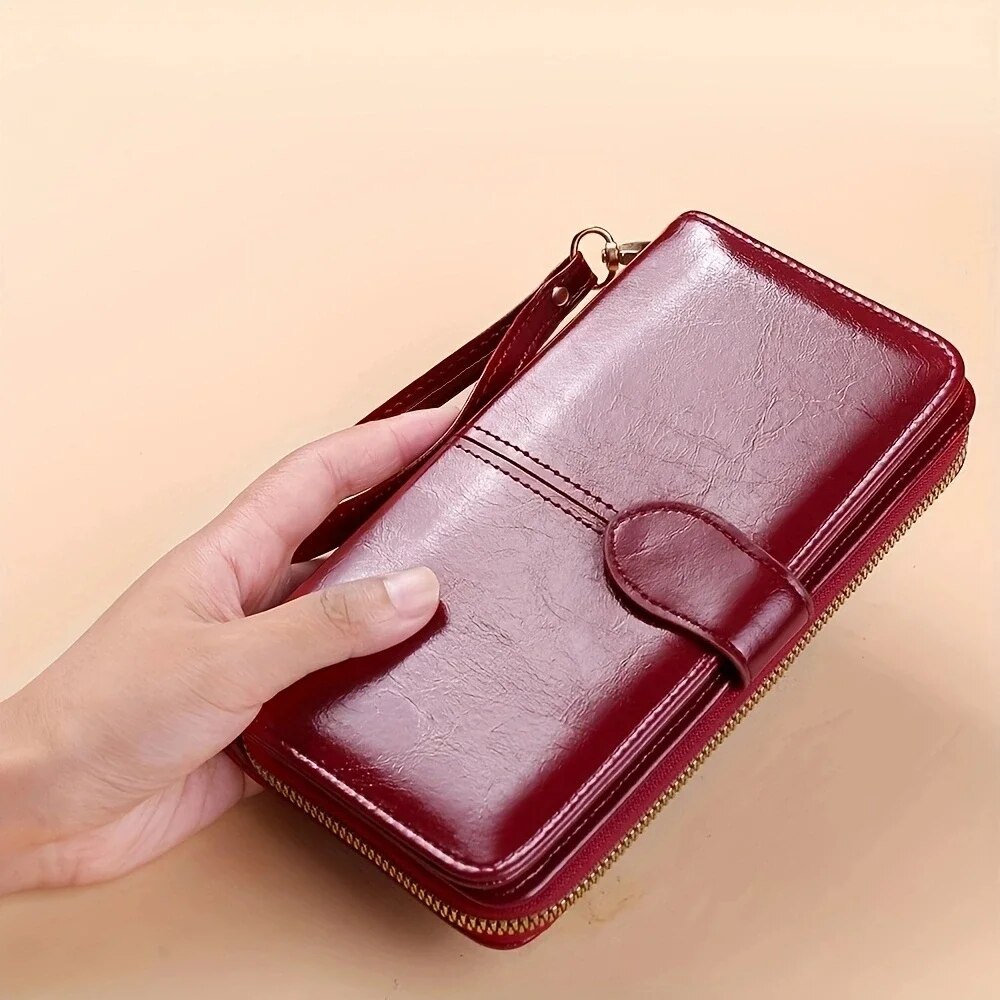 Vintage Oil Wax PU Leather Clutch Wallet Large Capacity Women's Phone Purse with Wristband