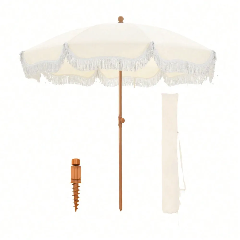 Fringe Beach Umbrella with Sand Anchor Windproof Portable Patio Umbrella