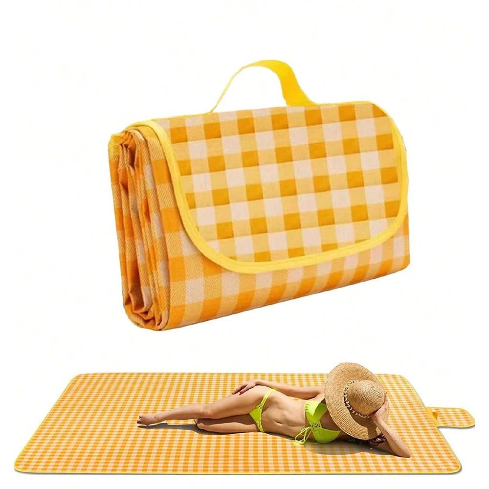 Portable Waterproof Picnic Blanket Foldable Beach Mat with Handle Red Checkered