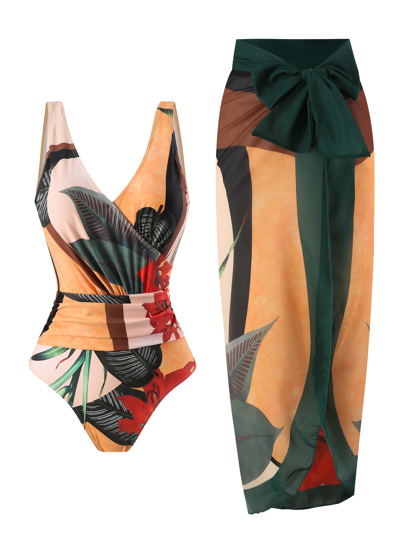 Retro Floral One Piece Swimsuit with Cover Up Skirt for Beach Vacation