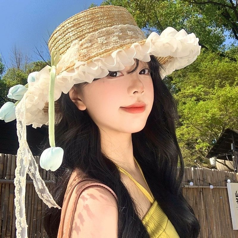 Elegant Tulip Bow Straw Sun Hat for Women Beach Sun Protection Hat