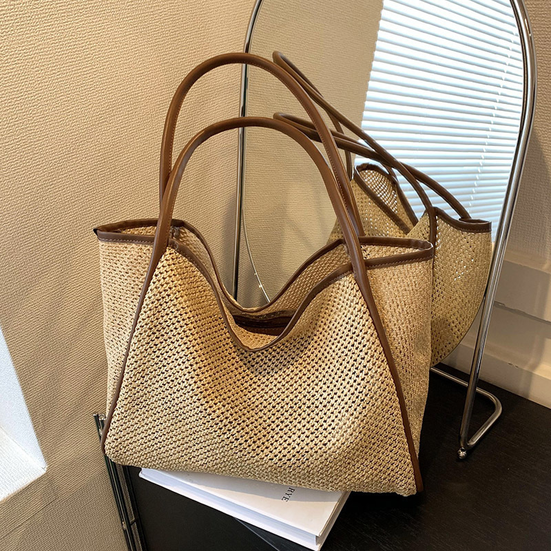 Summer Straw Woven Tote Bag with Pouch Large Capacity Beach Shoulder Handbag
