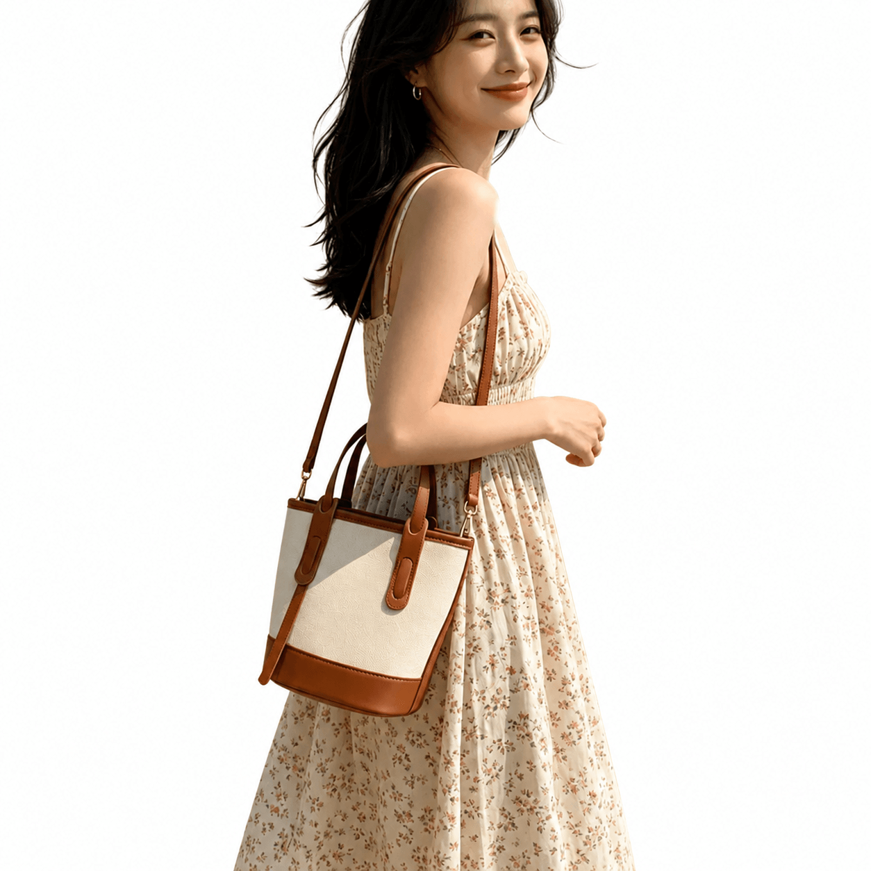 Vintage Canvas Leather Bucket Bag for Women Small Crossbody Shoulder Purse