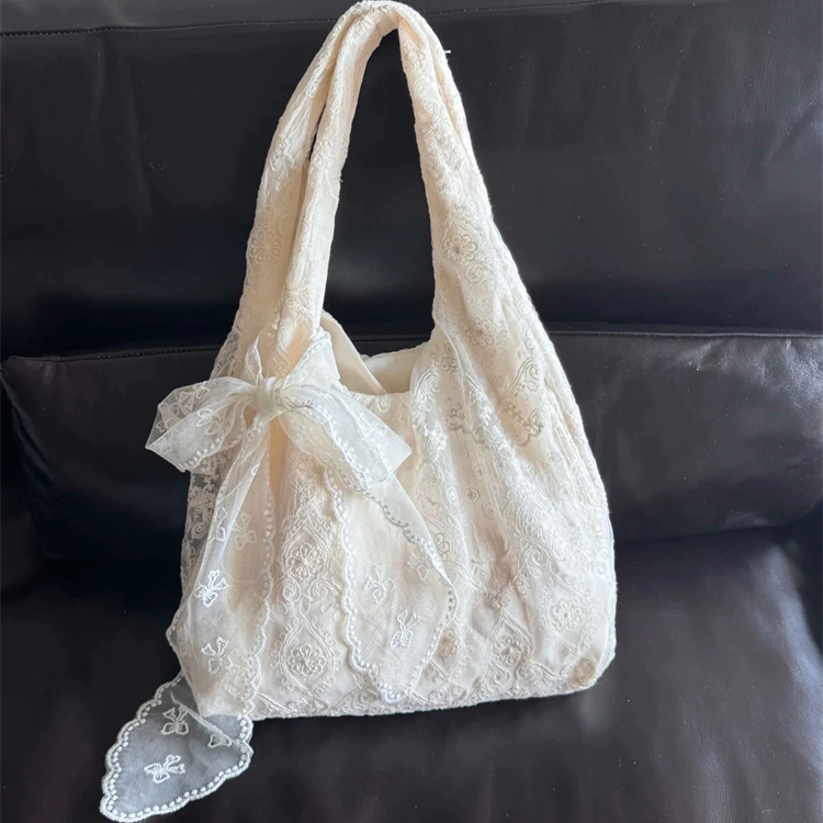 Vintage Lace Tote Bag Large Capacity Bow Shoulder Purse for Women