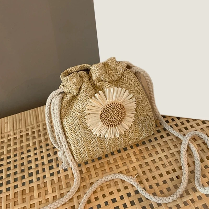 Floral Woven Straw Crossbody Bag Mini Bucket Purse for Women