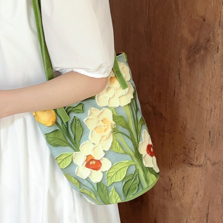 Floral Bucket Crossbody Bag for Women Artistic Flower Print Shoulder Tote