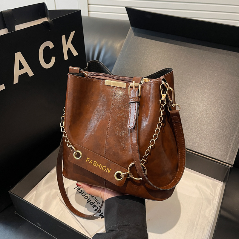 Womens Faux Leather Bucket Bag Gold Chain Crossbody Shoulder Purse