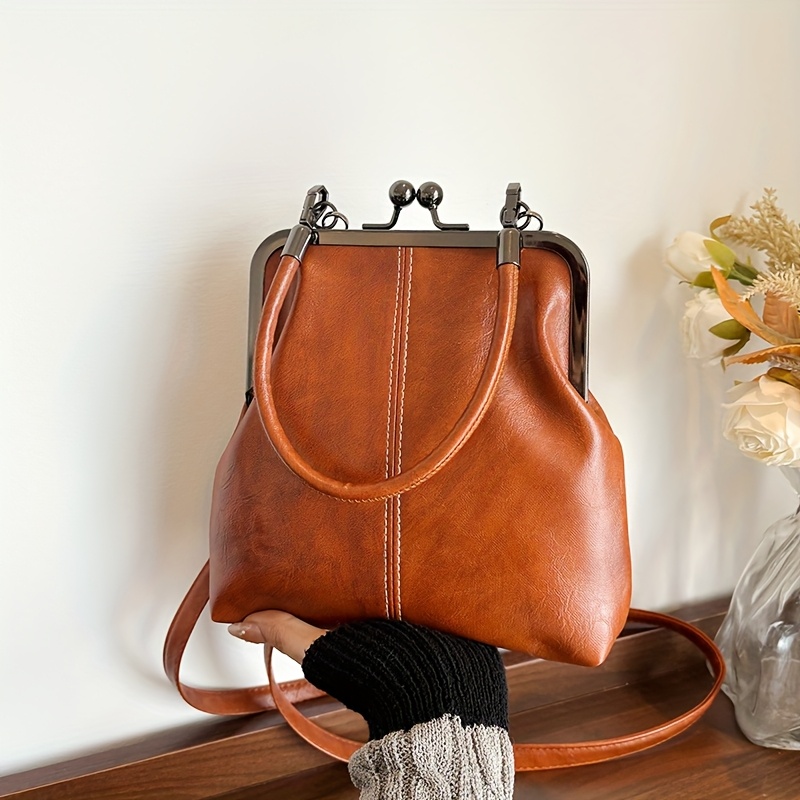 Vintage Red Kiss Lock Handbag Faux Leather Crossbody Purse