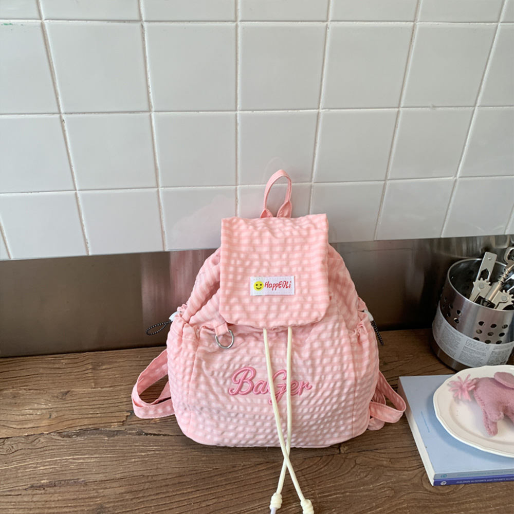 Plaid Drawstring Mini Backpack Lightweight Casual Daypack for Women
