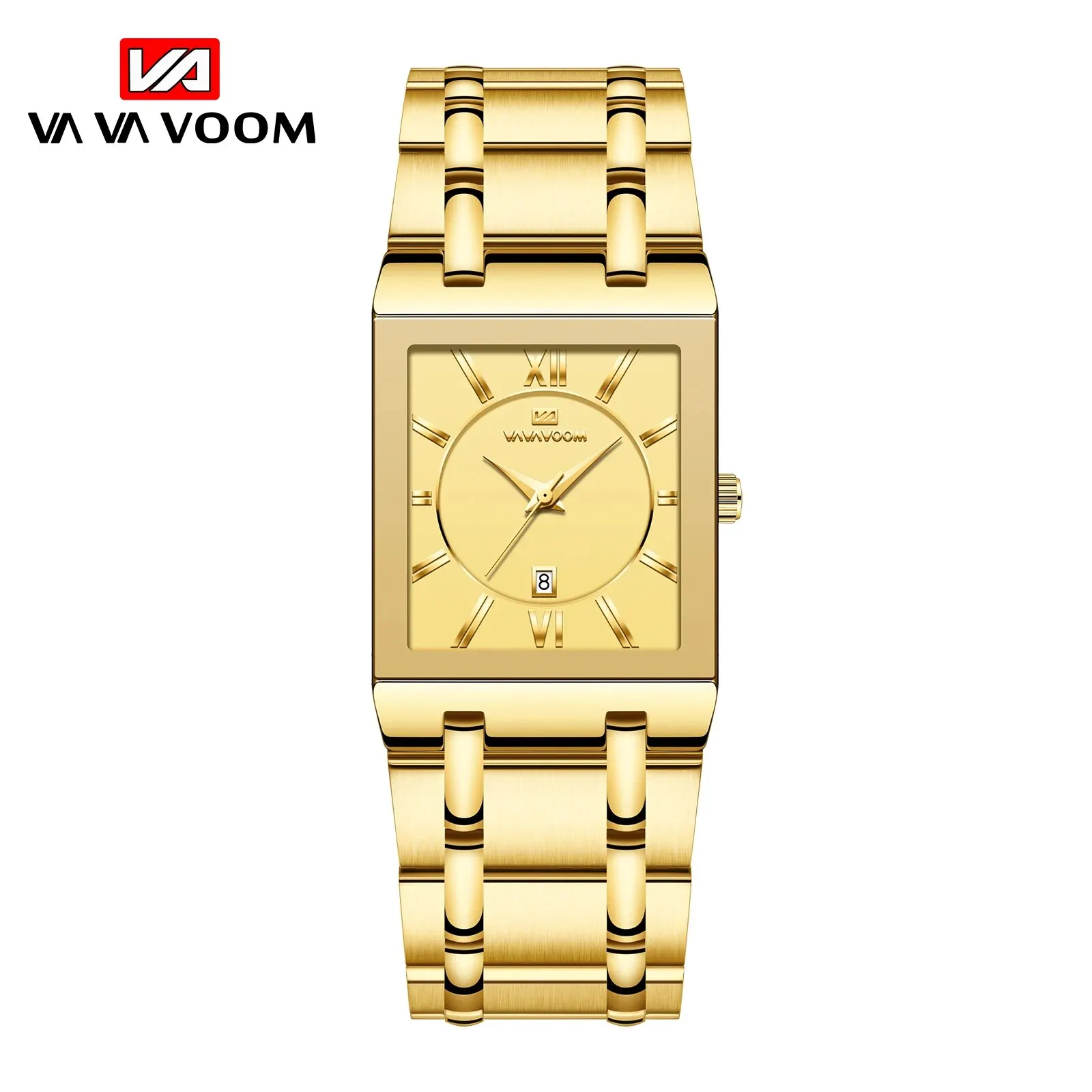 Luxury Square Gold Mens Watch Stainless Steel Quartz Calendar Wristwatch
