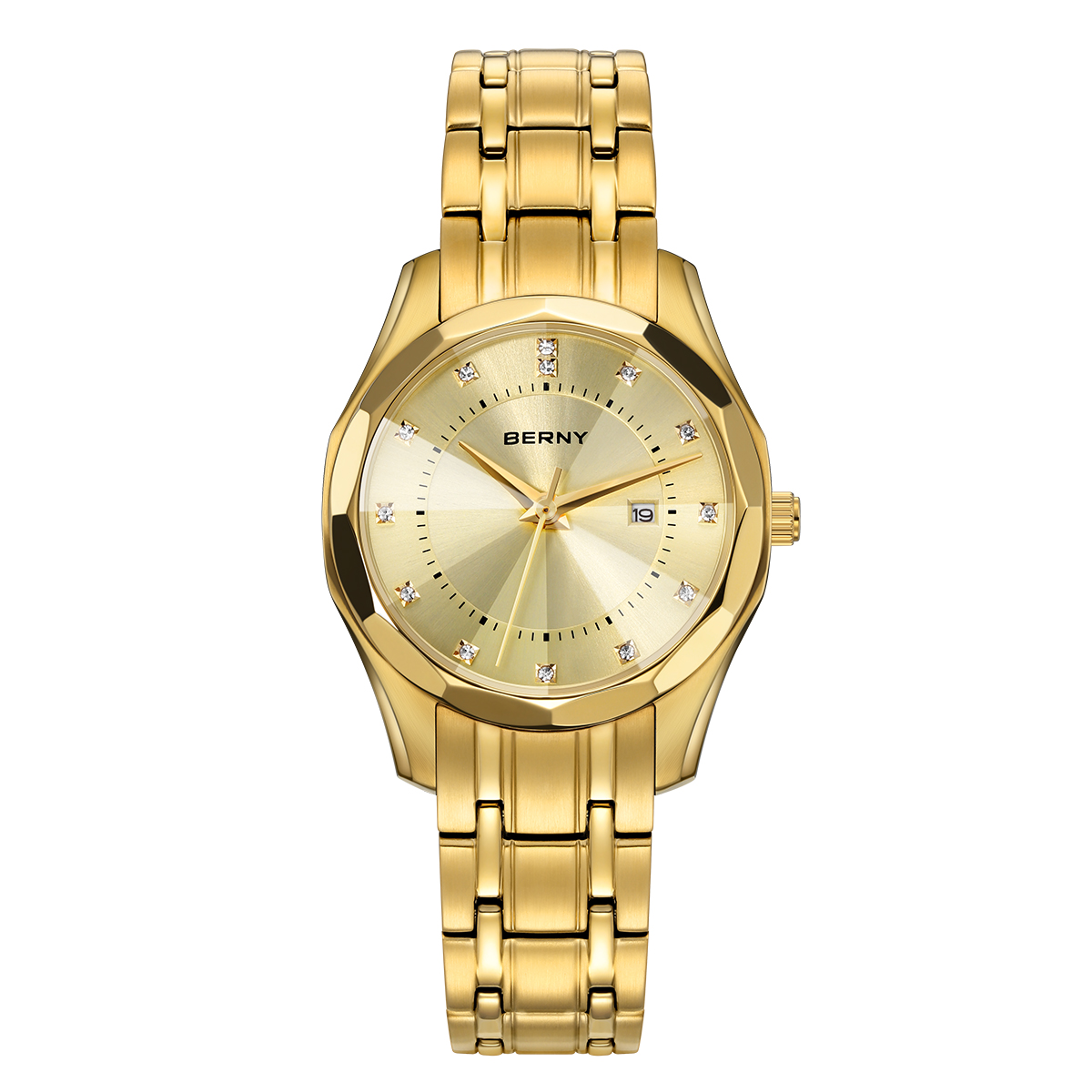 Golden Diamond Lens Quartz Watch for Women Stainless Steel Waterproof Ladies Wristwatch