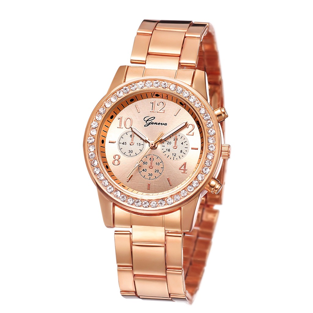 Elegant Gold Rhinestone Womens Quartz Watch Stainless Steel Fashion Wristwatch