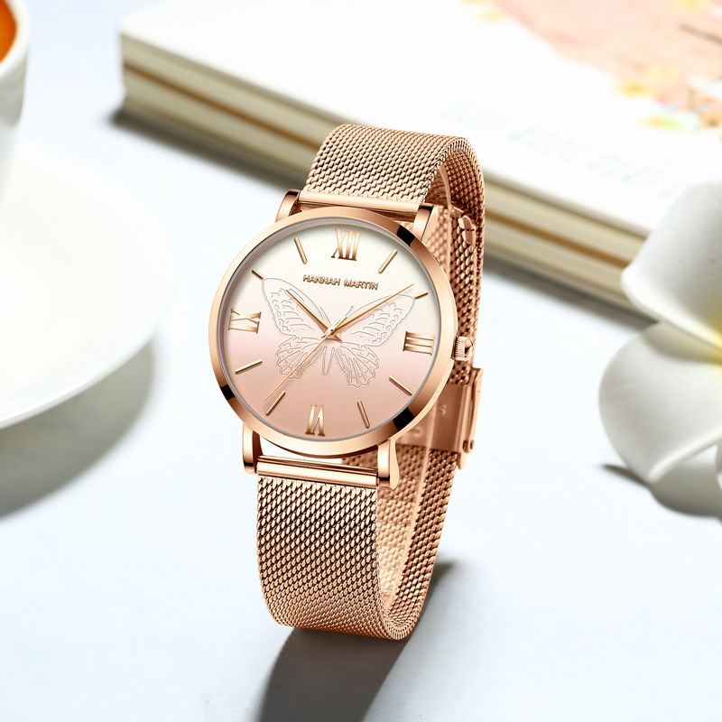 Butterfly Rose Gold Womens Quartz Watch with Stainless Steel Mesh Band