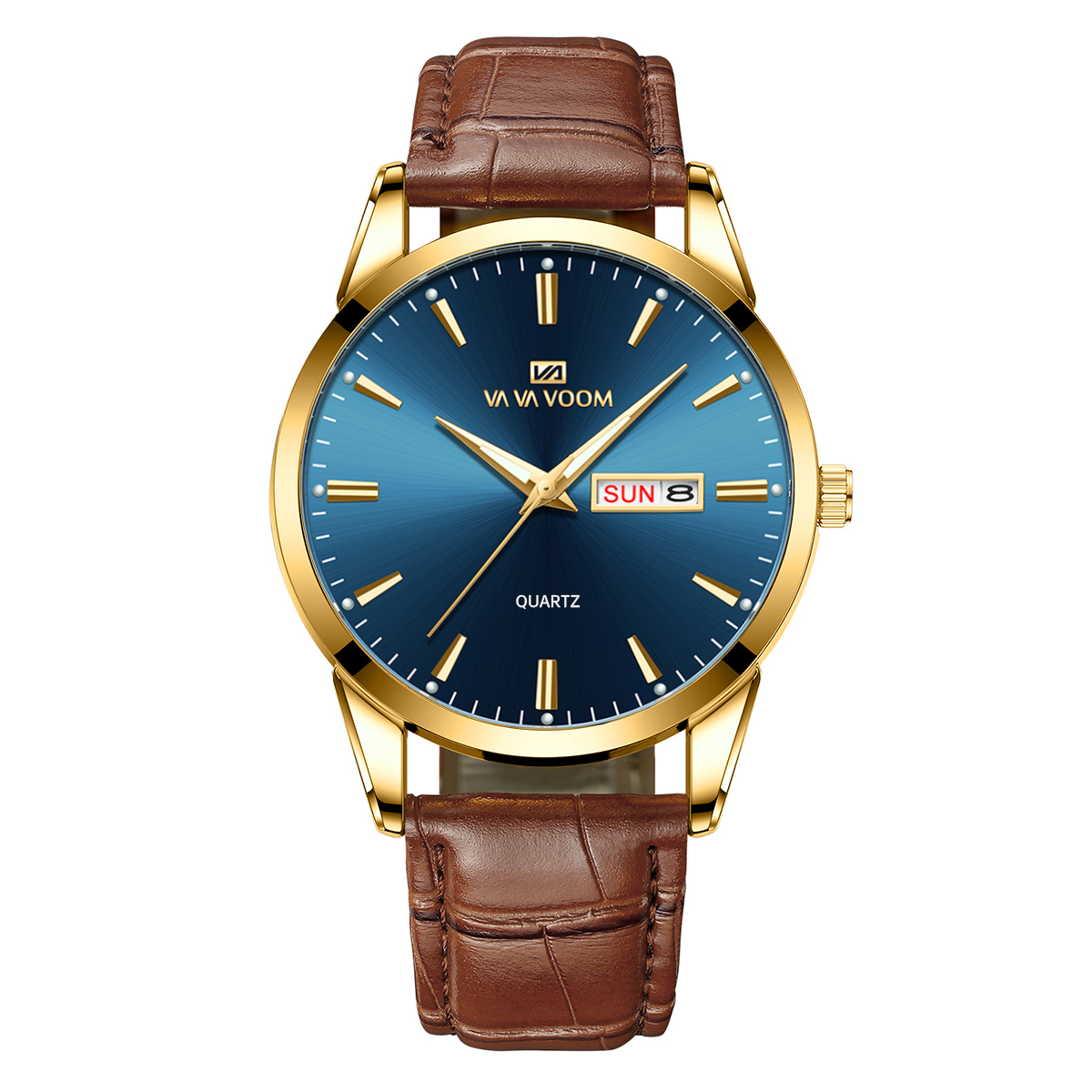 Classic Mens Leather Watch Brown Quartz Business Watch with Calendar