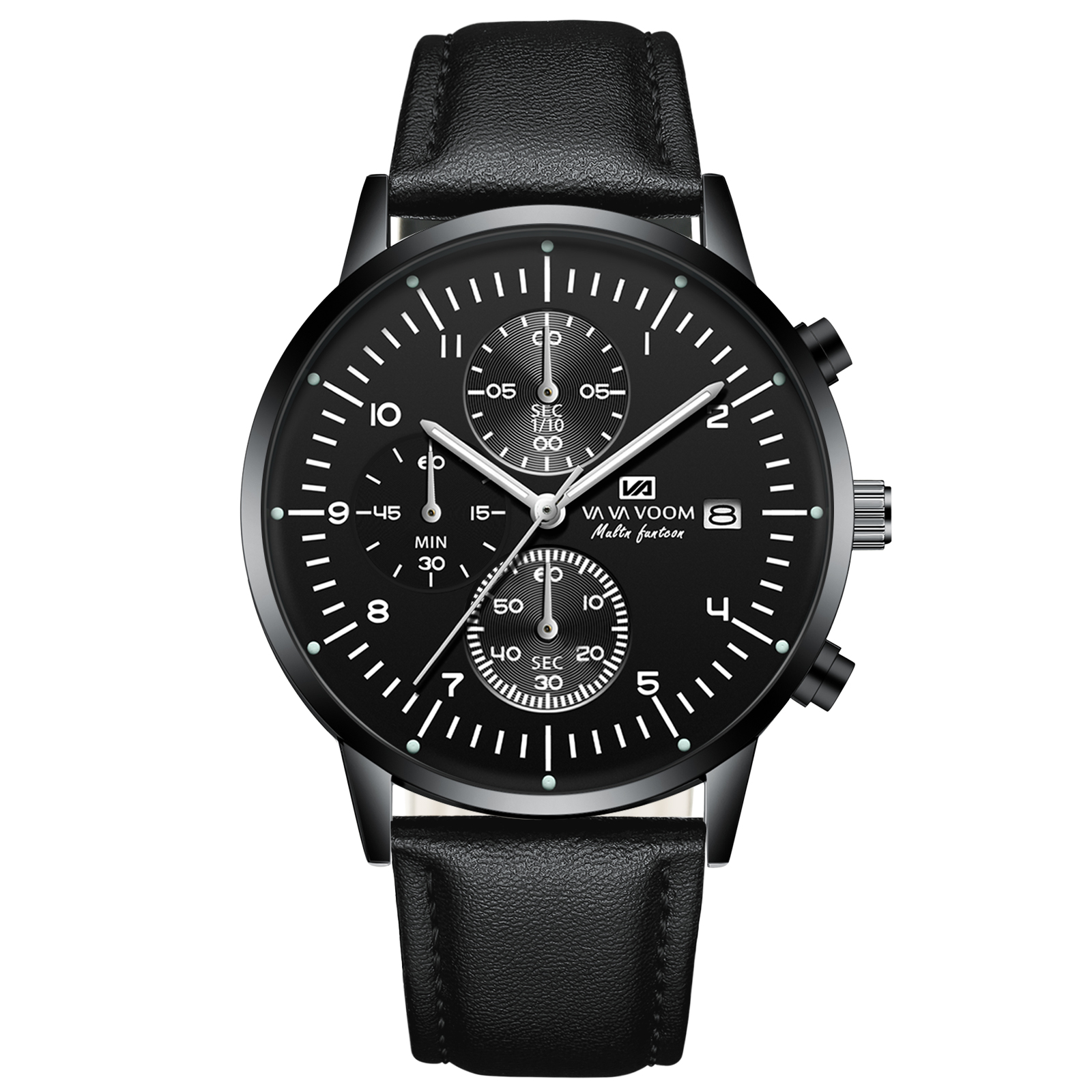Mens Leather Multifunction Quartz Watch Black Casual Wristwatch