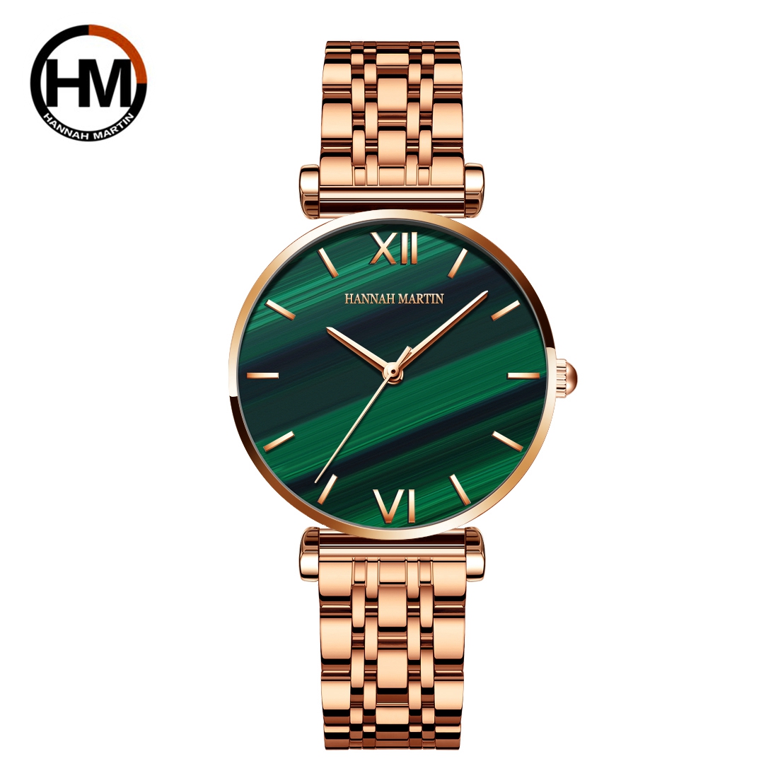Green Malachite Dial Womens Quartz Watch Stainless Steel Waterproof Bracelet Watch