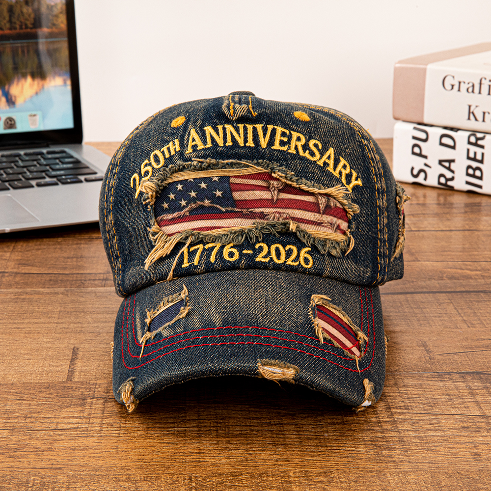 Vintage USA Flag Anniversary Distressed Denim Baseball Cap Adjustable Patriotic Dad Hat