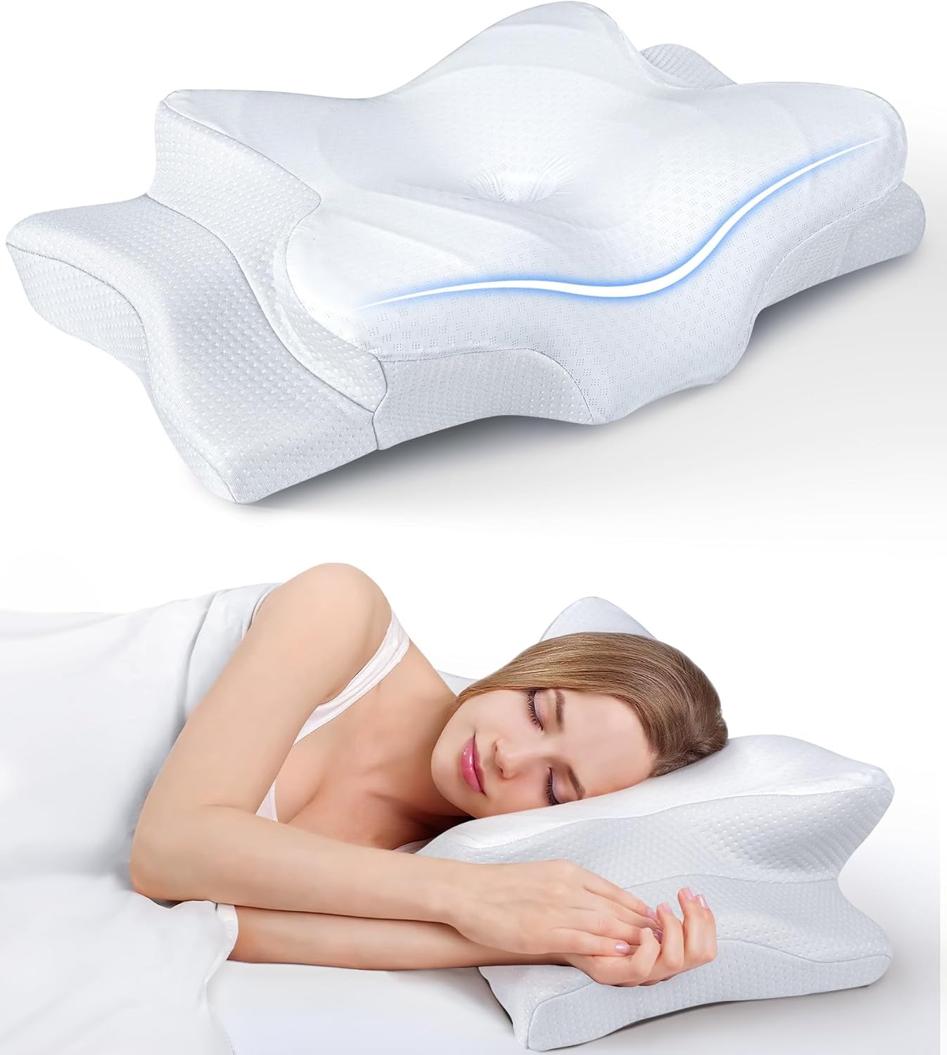 Cooling Ergonomic Neck Support Pillow Memory Foam Cervical Pillow for Pain Relief and Deep Sleep Comfort