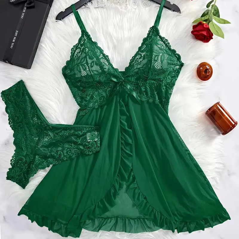 Lace Nightgown Set Sheer V Neck Sleepwear Bra Panty Lingerie Set