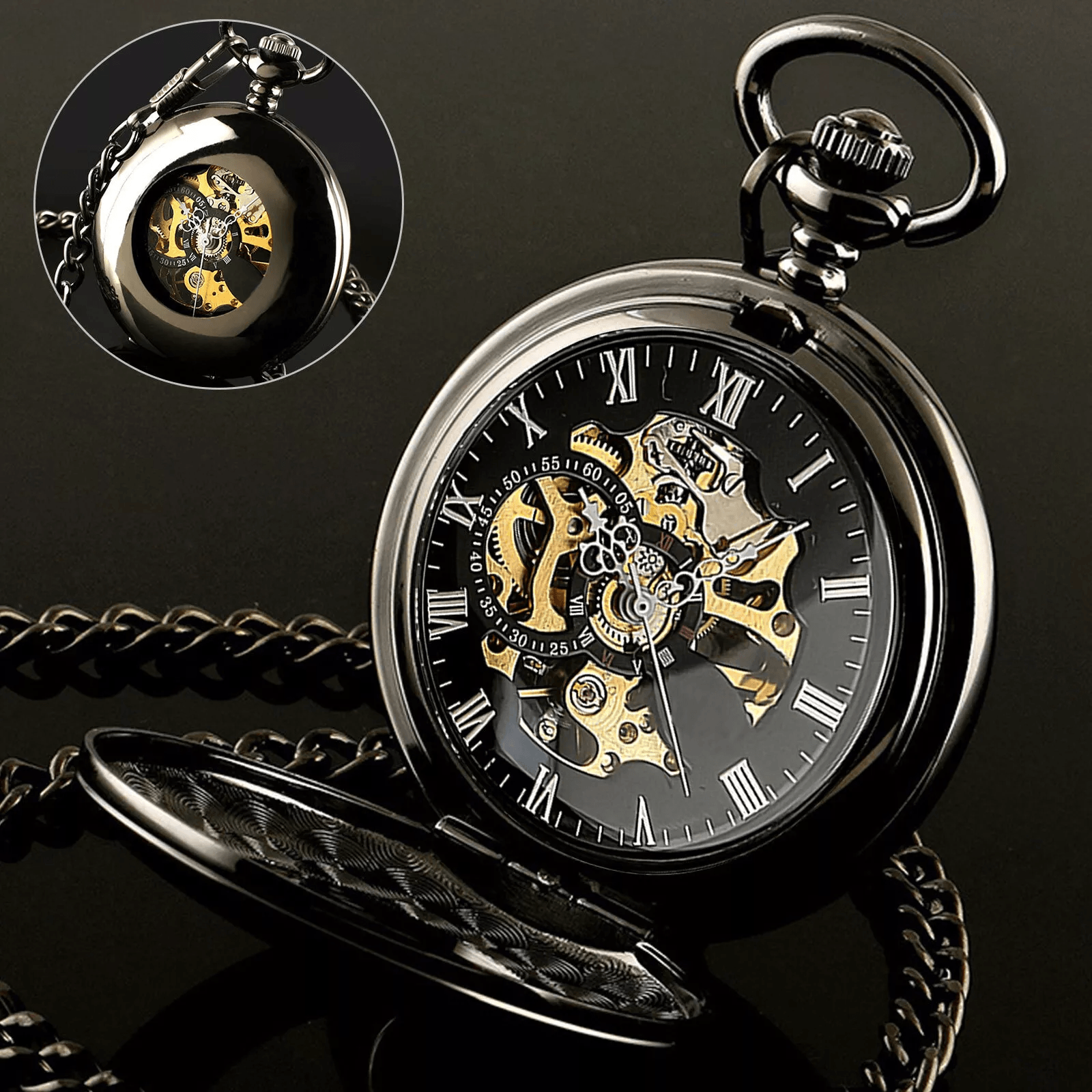 Mens Black Mechanical Pocket Watch - Steampunk Skeleton Design with Retro Chain, Luxury Classic Timepiece