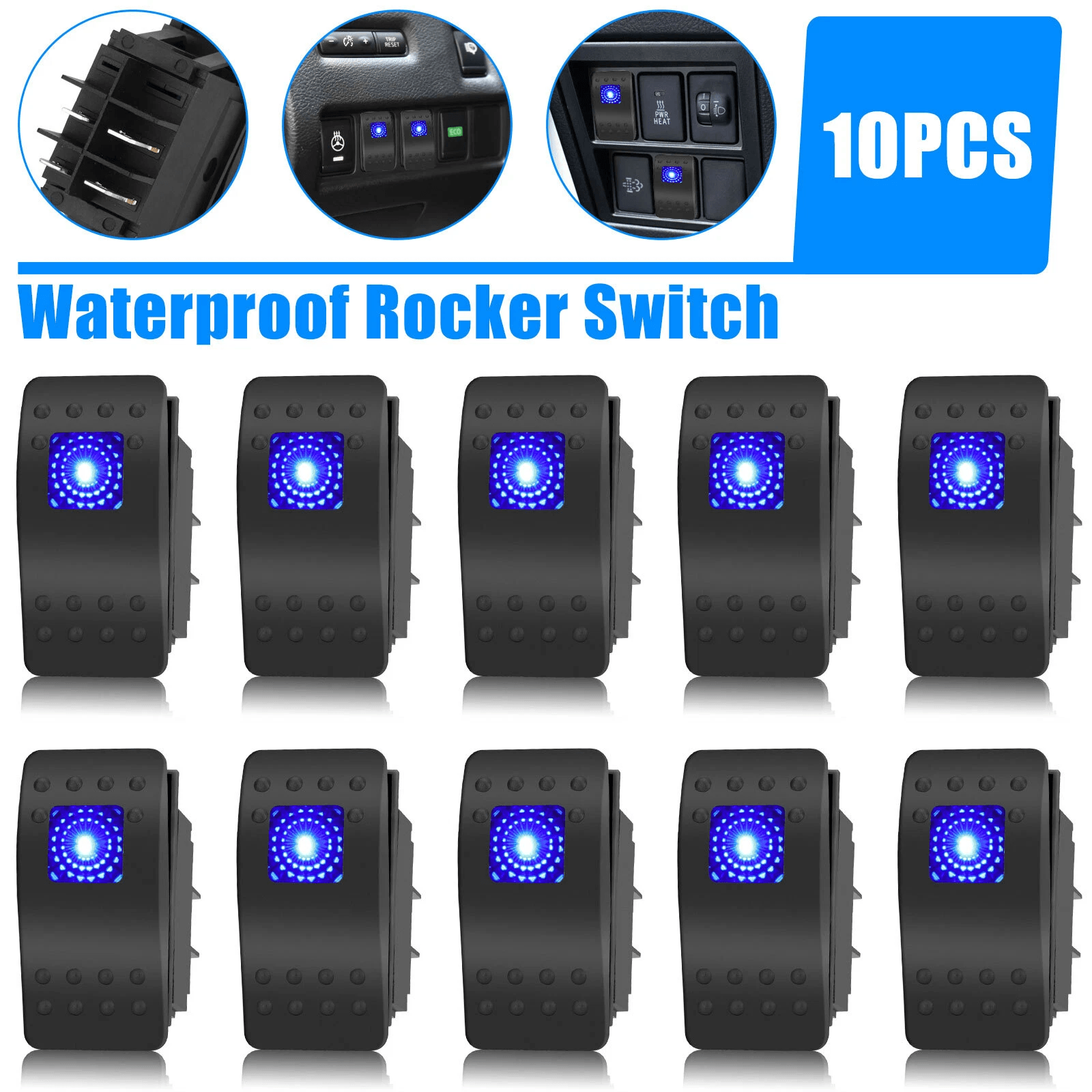 10PCS Waterproof Marine Boat Car Rocker Switch SPST ON-OFF 4 Pin Blue LED Toggle Switch for Automotive ATV UTV Truck RV