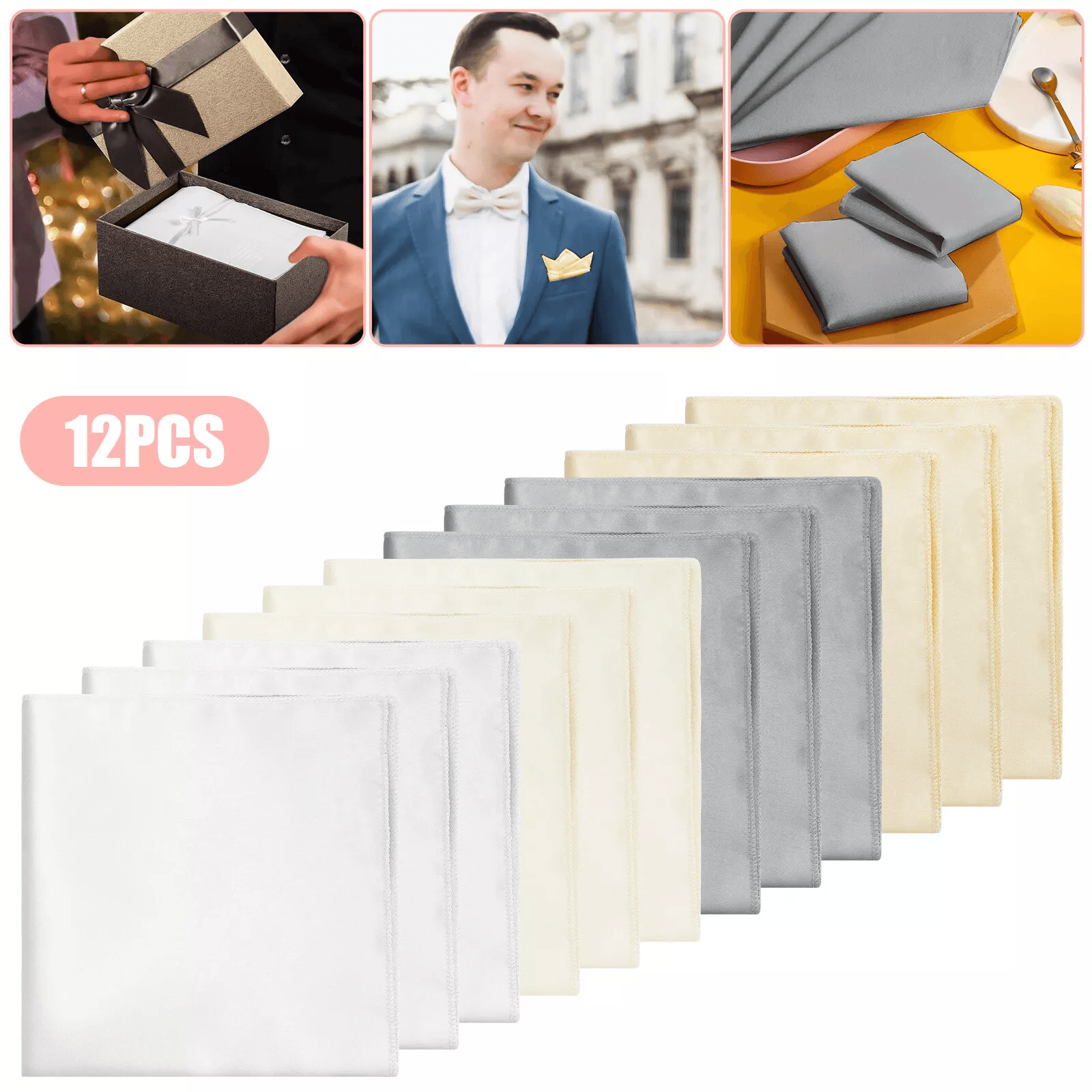 12Pcs Solid Satin Men Handkerchiefs Hanky Pocket Square Set Classic Vintage Plain Hankies for Suit, Wedding, Party