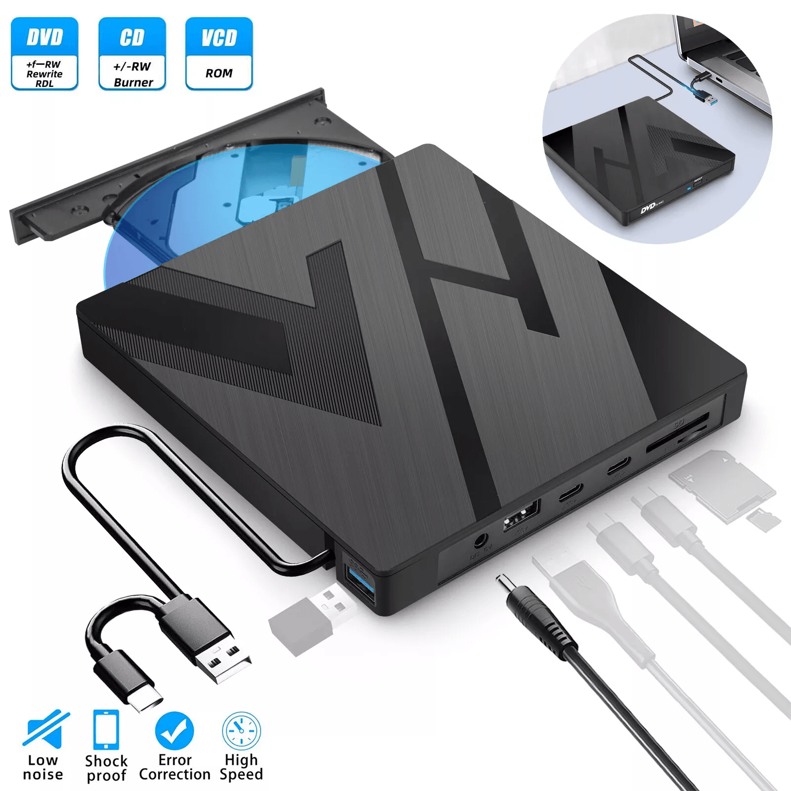 External CD DVD Drive USB Player Reader Writer for PC Laptop Windows 7 8 10, Portable DVD with SD/TF Slots, Type C Ports