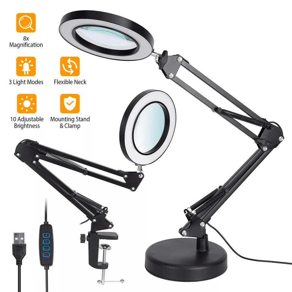Magnifier LED Lamp, Magnifying Glass Desk & Table Reading Light with Clamp Stand for Crafts, Hobbies, Work & Low Vision