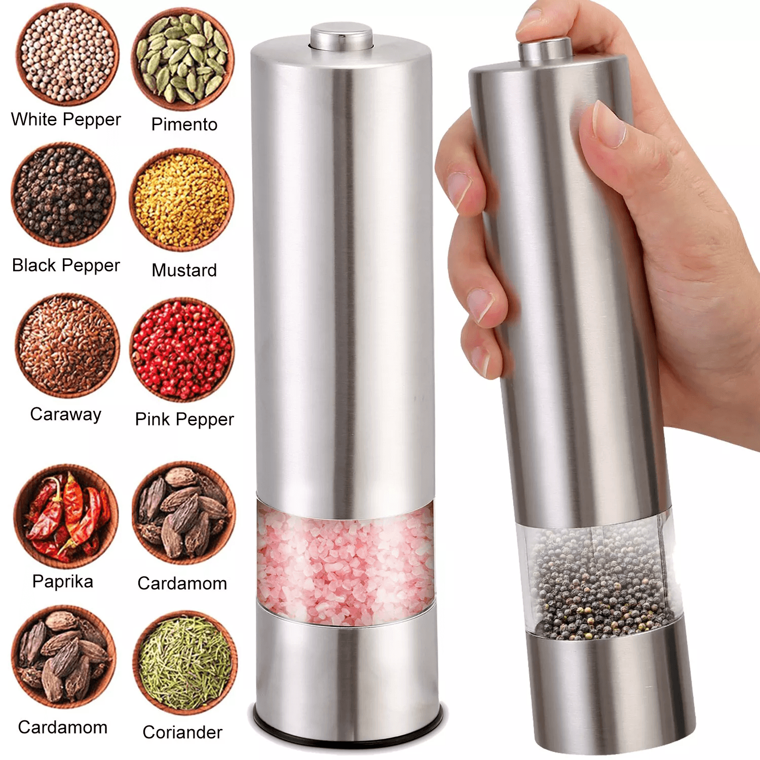 1PCS Electric Salt Pepper Grinder Mill Shakers Set Adjustable Stainless Steel Battery Operated One-Handed Spice Grinder