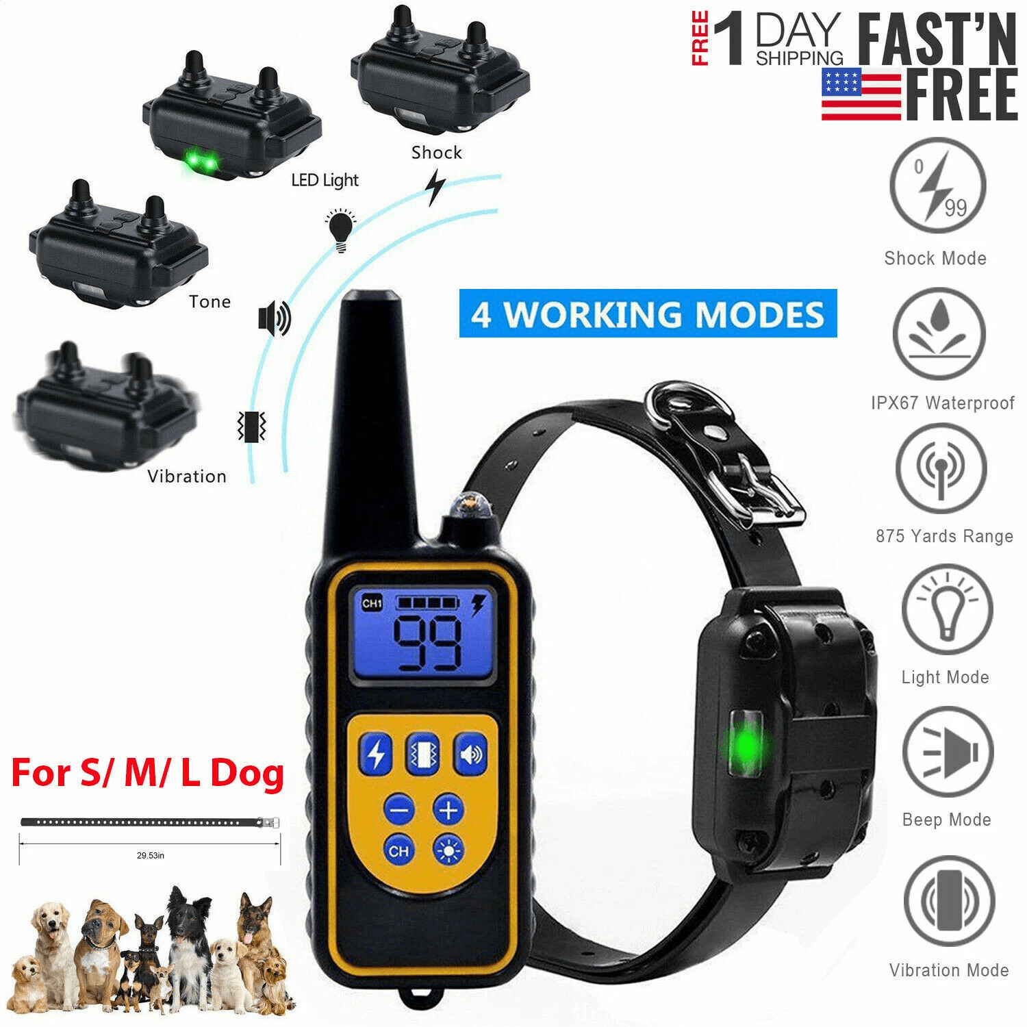 2600FT Waterproof Dog Shock Collar with Remote Electric Training Collar for Large Dogs, Rechargeable IP67 with Shock