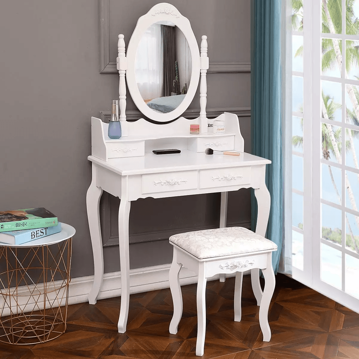 White Vanity Dressing Table Set with Mirror & Stool 4 Drawer Makeup Desk for Bedroom, Elegant MDF Wood Vanity Furniture