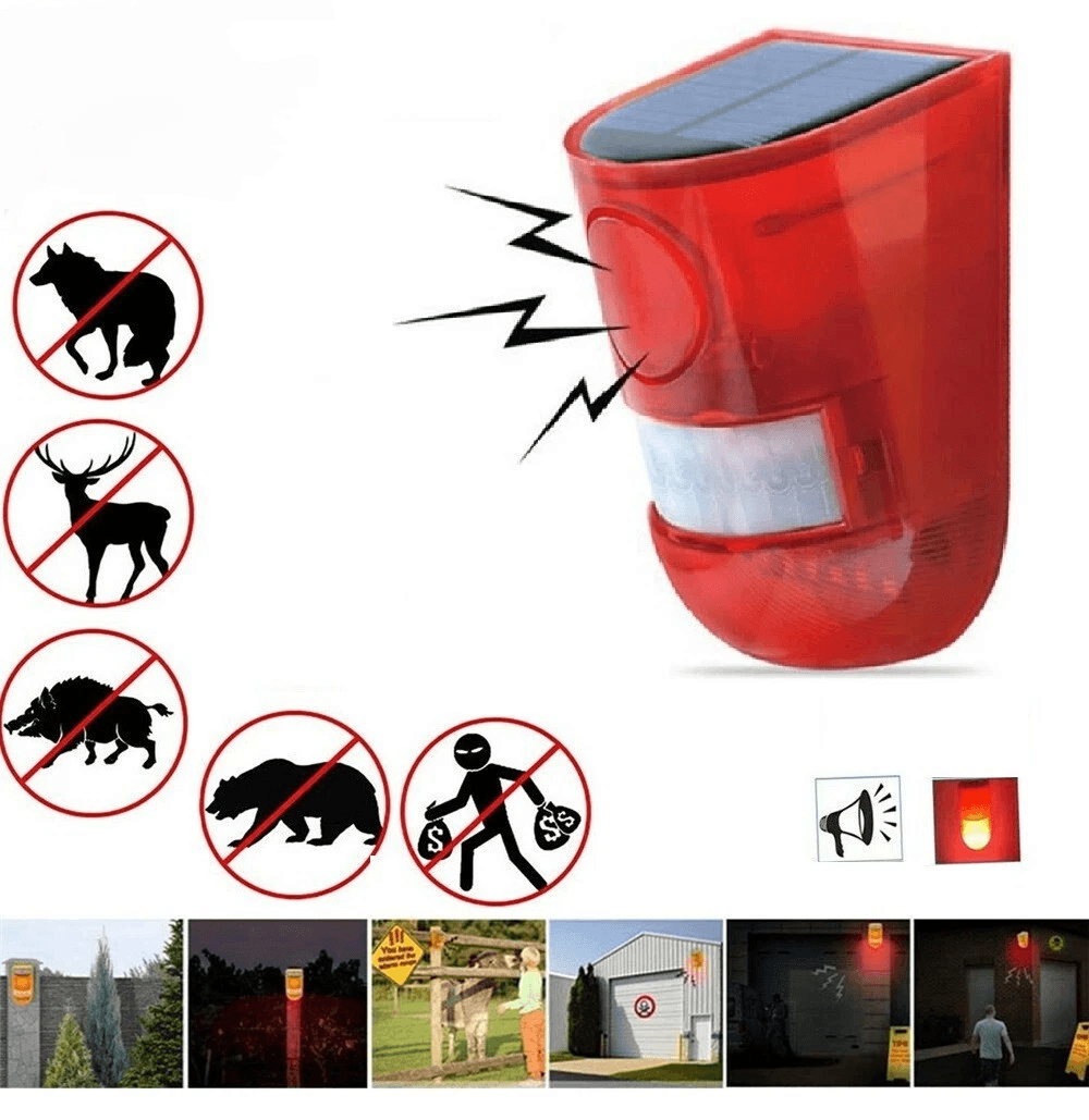 Solar Alarm LED Light Outdoor Wireless Motion Sensor Detector with 110dB Siren and Flashing Strobe, Waterproof Security