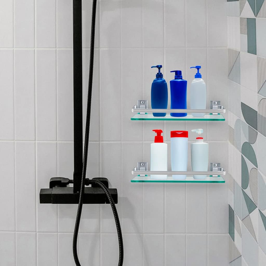 Aqua Clear Tempered Glass Bathroom Shelf with Rail Wall Mounted Shower Caddy Storage Set
