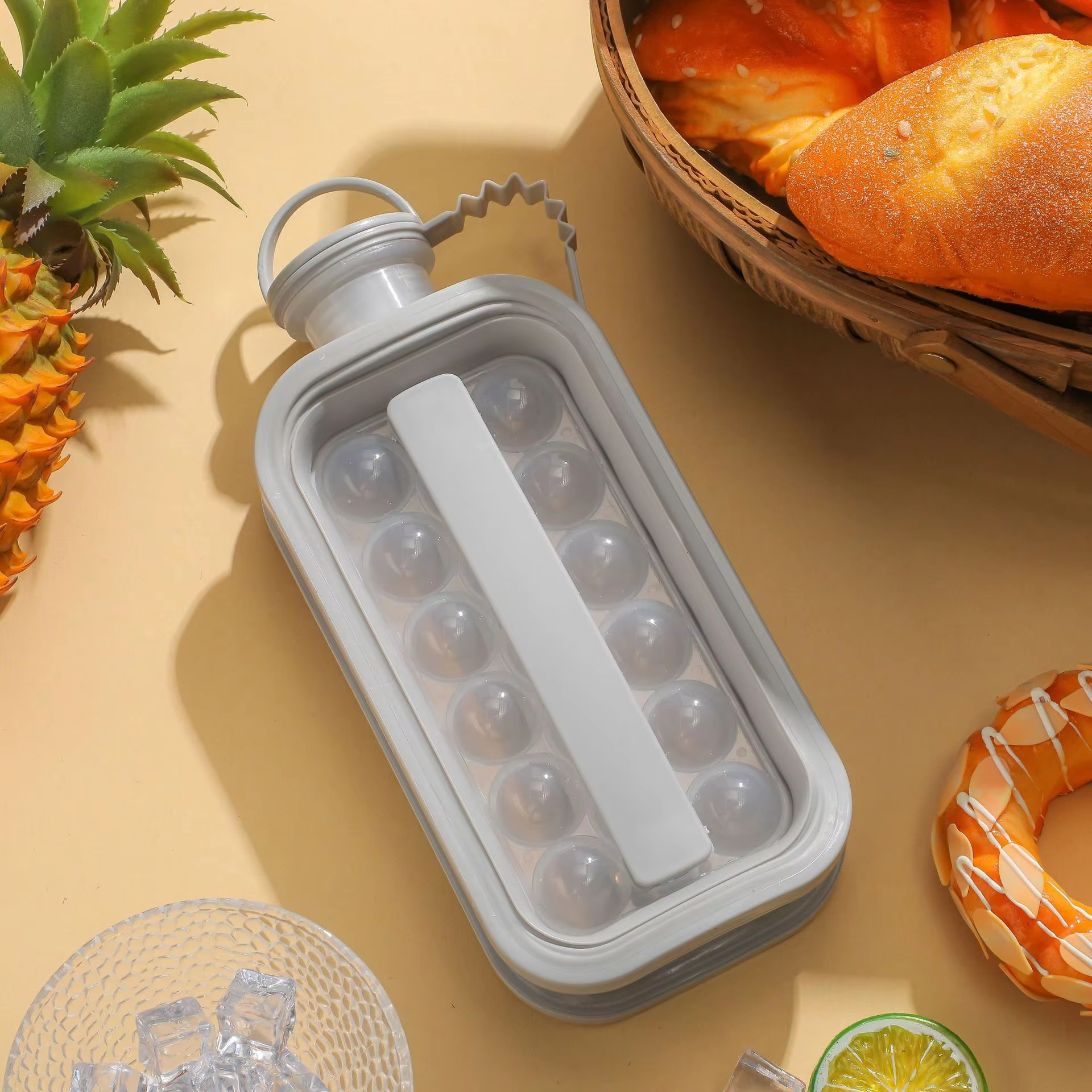 2 in 1 Portable Circular Ice Cube Tray Water Bottle Puck Mold 12 Grid Ice Maker