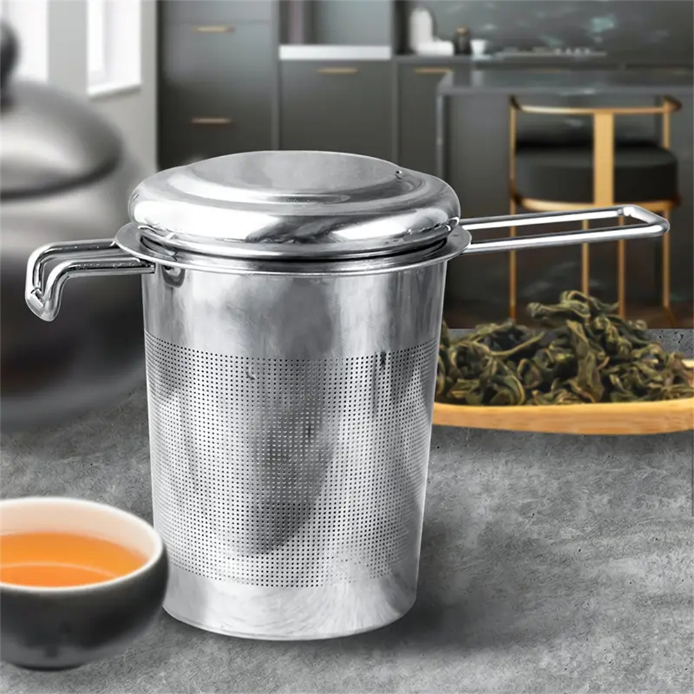 Premium Stainless Steel Tea Strainer with Lid & Folding Handle for Loose Leaf Tea