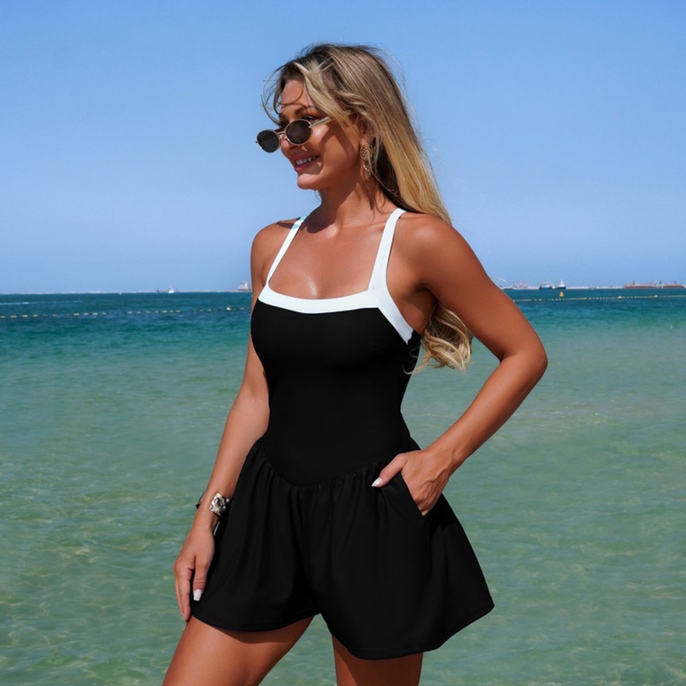 Elegant One Piece Swimsuit Swim Dress for Women Square Neck Slim Fit Beach Vacation Swimwears