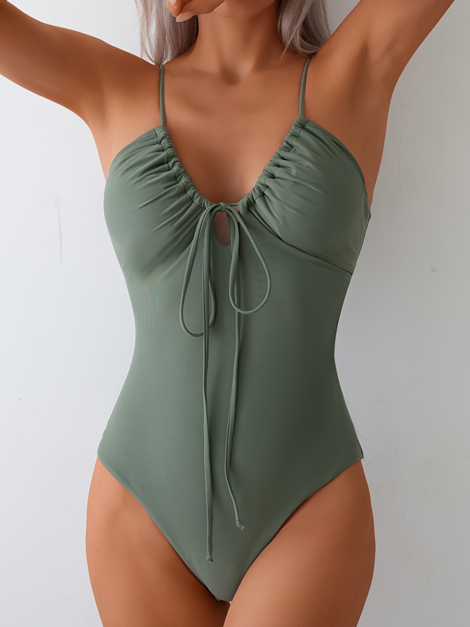 Army Green One Piece Swimsuit for Women Strappy Padded Swimwear with Adjustable Tie Backs