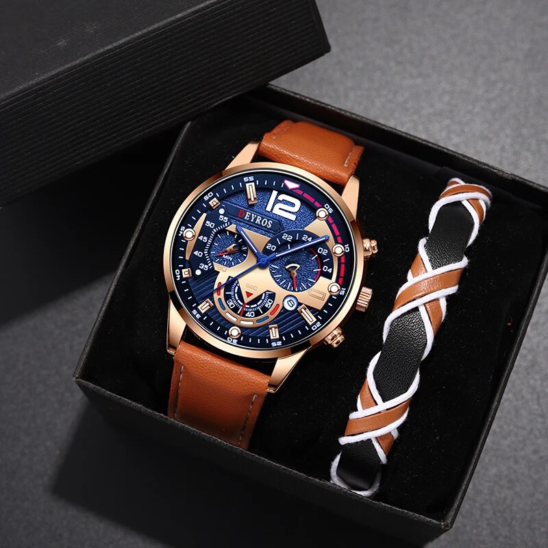 Prestige Mens Quartz Watch & Bracelet Set with Calendar Brown Leather Business Casual Watch