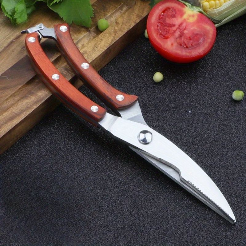 Premium Stainless Steel Kitchen Scissors with Wooden Handles – Multifunctional Bone & Fish Cutting Tool