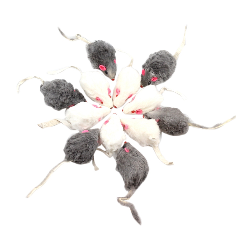 12Pcs Soft Real Rabbit Fur Cat Toys with Rattling Sound for Long-Haired Tail Mice - Fun and Interactive Pet Toy for Cats