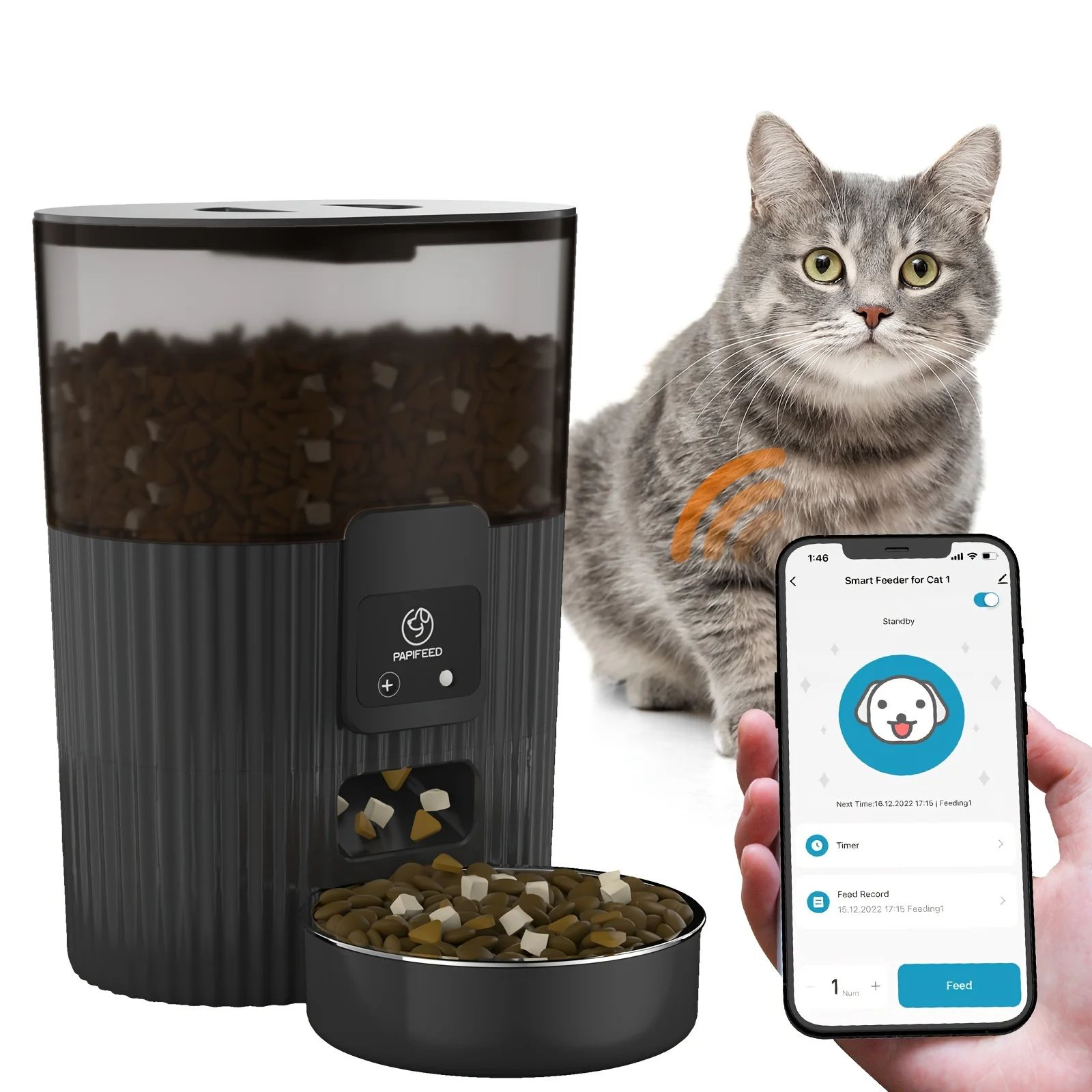 PAPIFEED Smart Automatic Cat Feeder, WiFi Remote Pet Food Dispenser for Cats and Dogs with Timed Portion Control