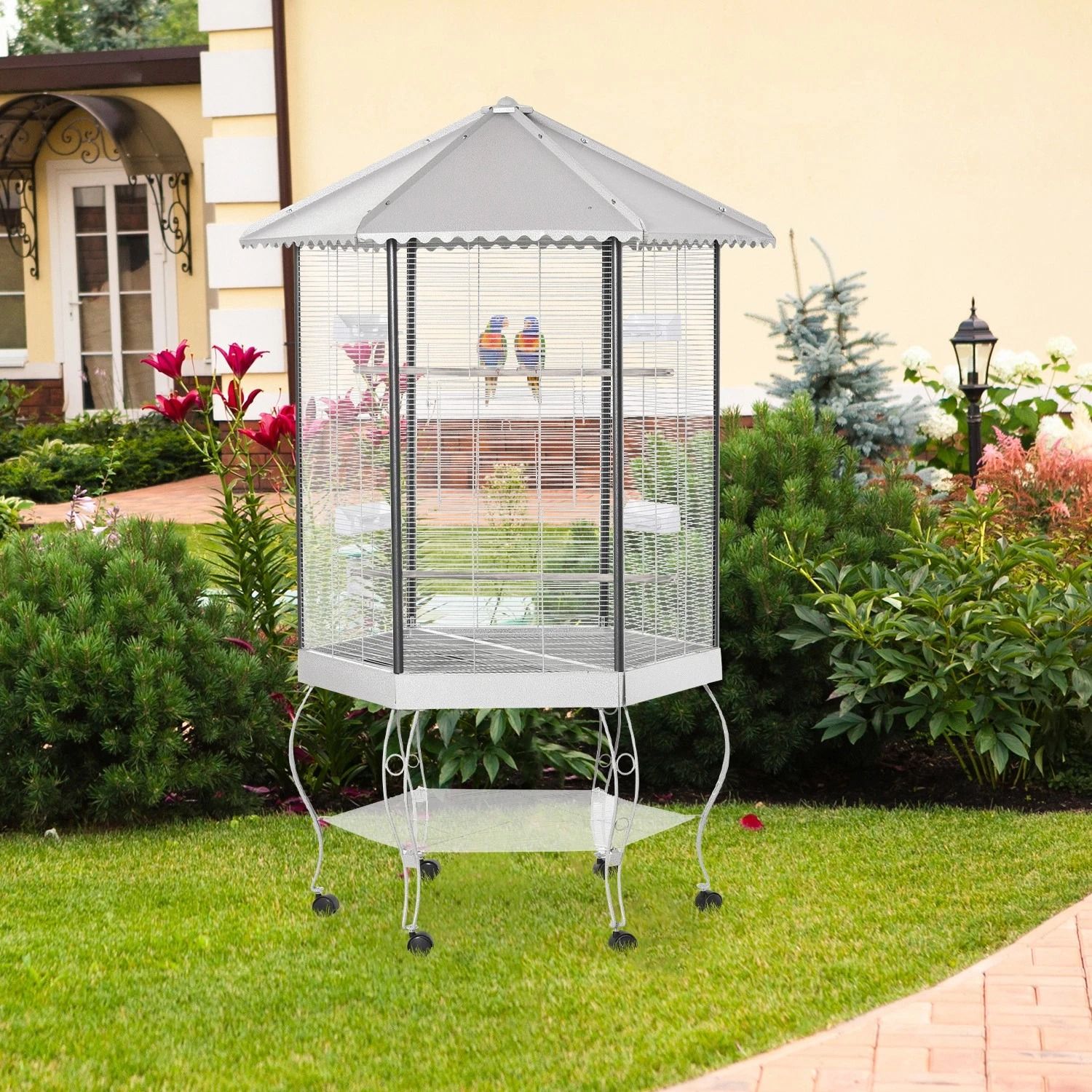 View of Large Parrot Bird Cage with Stand & Wheels – Macaw Aviary | Inspire Uplift
