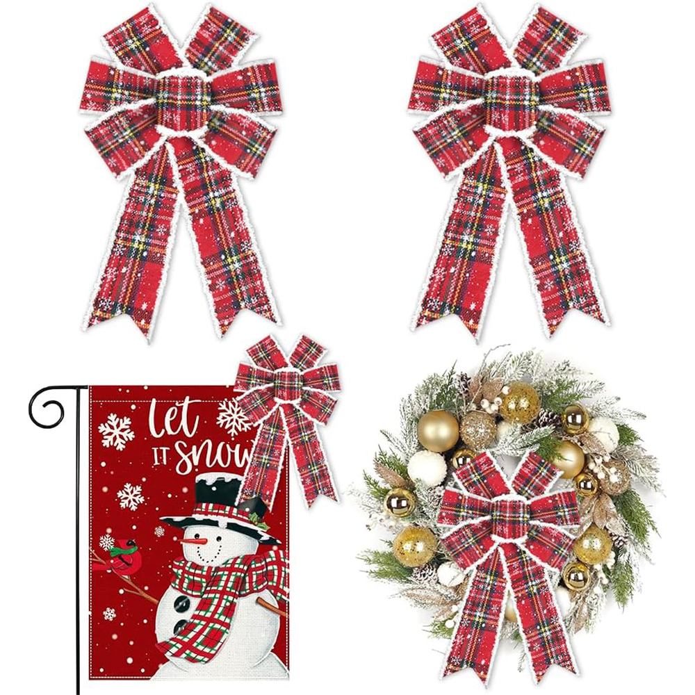 Buffalo Plaid Bows for Wreath, Christmas Bows Vintage Red, Snowflake Bows, White Velvet Tree Bows for Decor