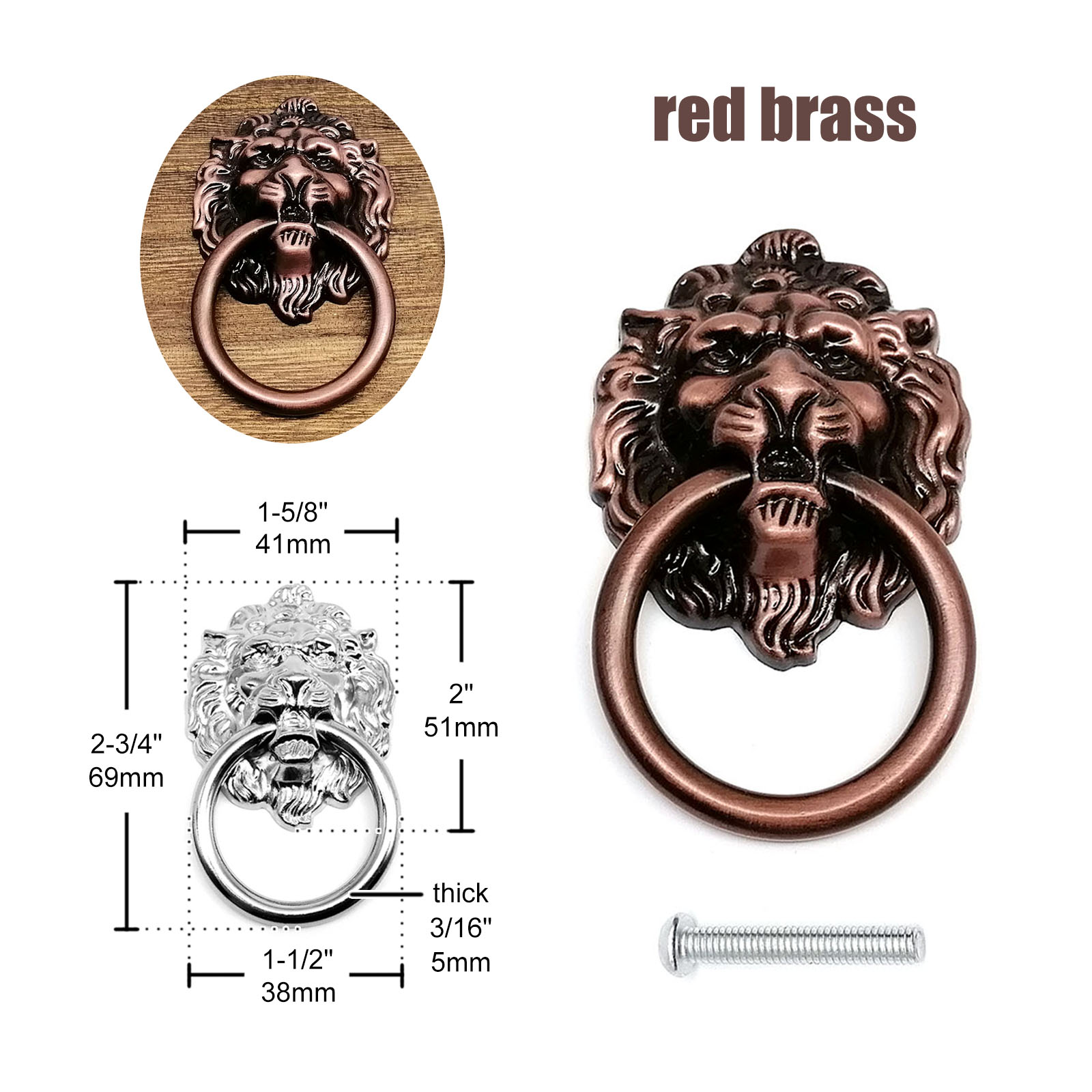 Vintage Lion Head Drawer Pull Ring Knob for Cabinet Dresser Jewelry Box